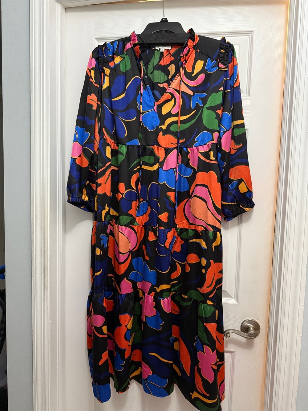 Umgee Black Midi Dress with Multicolor Abstract Floral Print